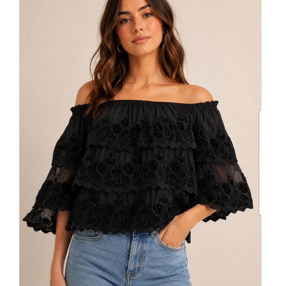 John Mark Blouse Size S Black Tiered Embroidered Velvet Whimsigoth Boho Romantic